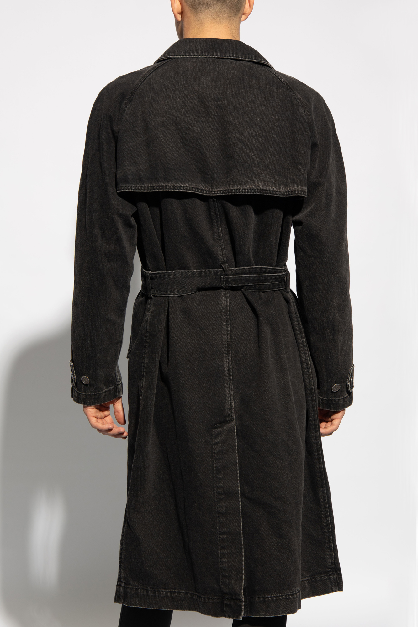 Black denim store trench coat